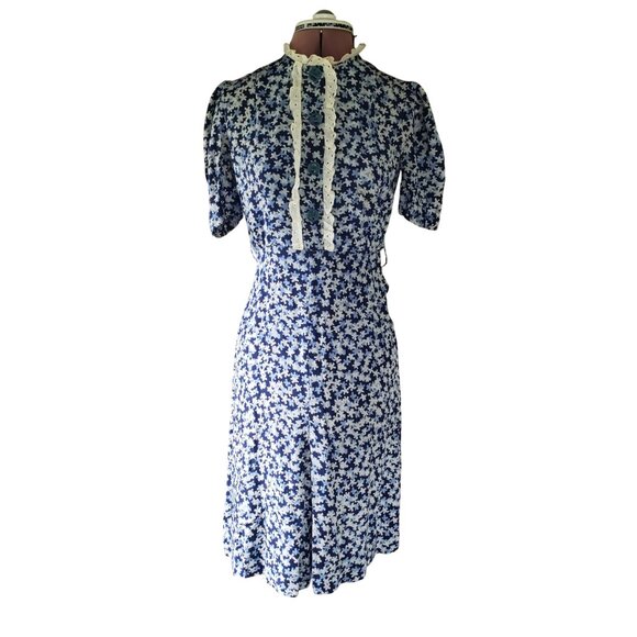 Vintage 30s Day Dress Women's Small Blue - Picture 1 of 12